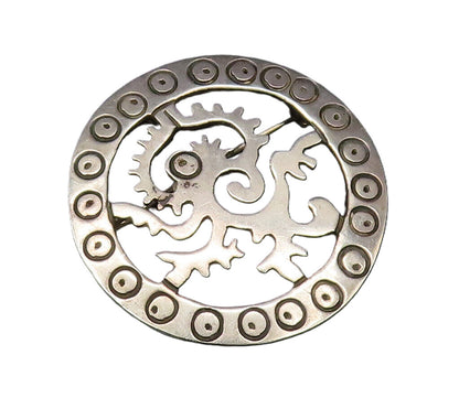 925 Sterling Silver  Vintage Circle Pattern & Dragon Cutout Brooch Pin  BP9898