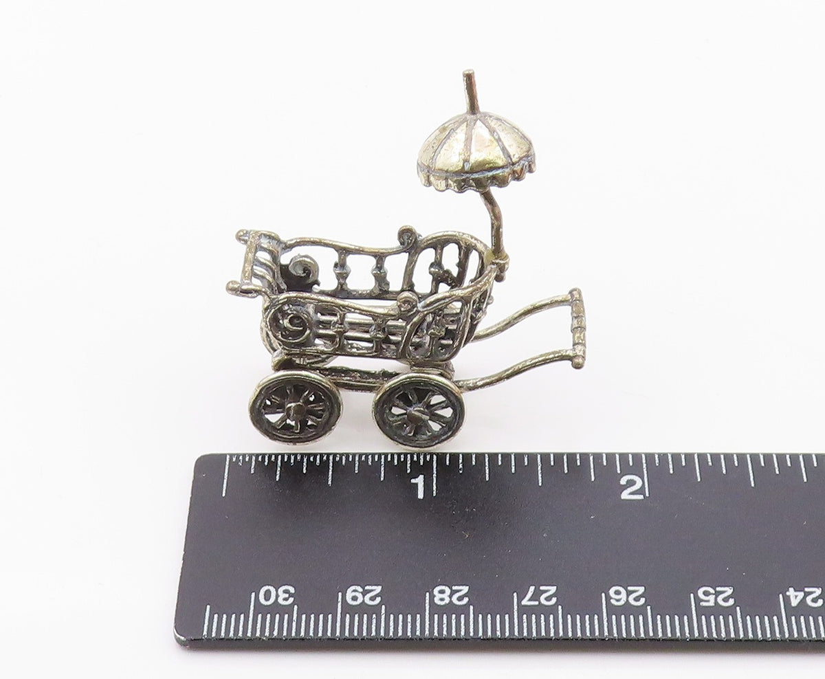 925 Sterling Silver  Vintage Shiny Old Fashioned Baby Carriage Trinket  TR1823