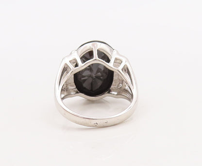 925 Sterling Silver Vintage Ring Oval Cut Onyx & CZ Inlay  Sz 7.5  RG29869