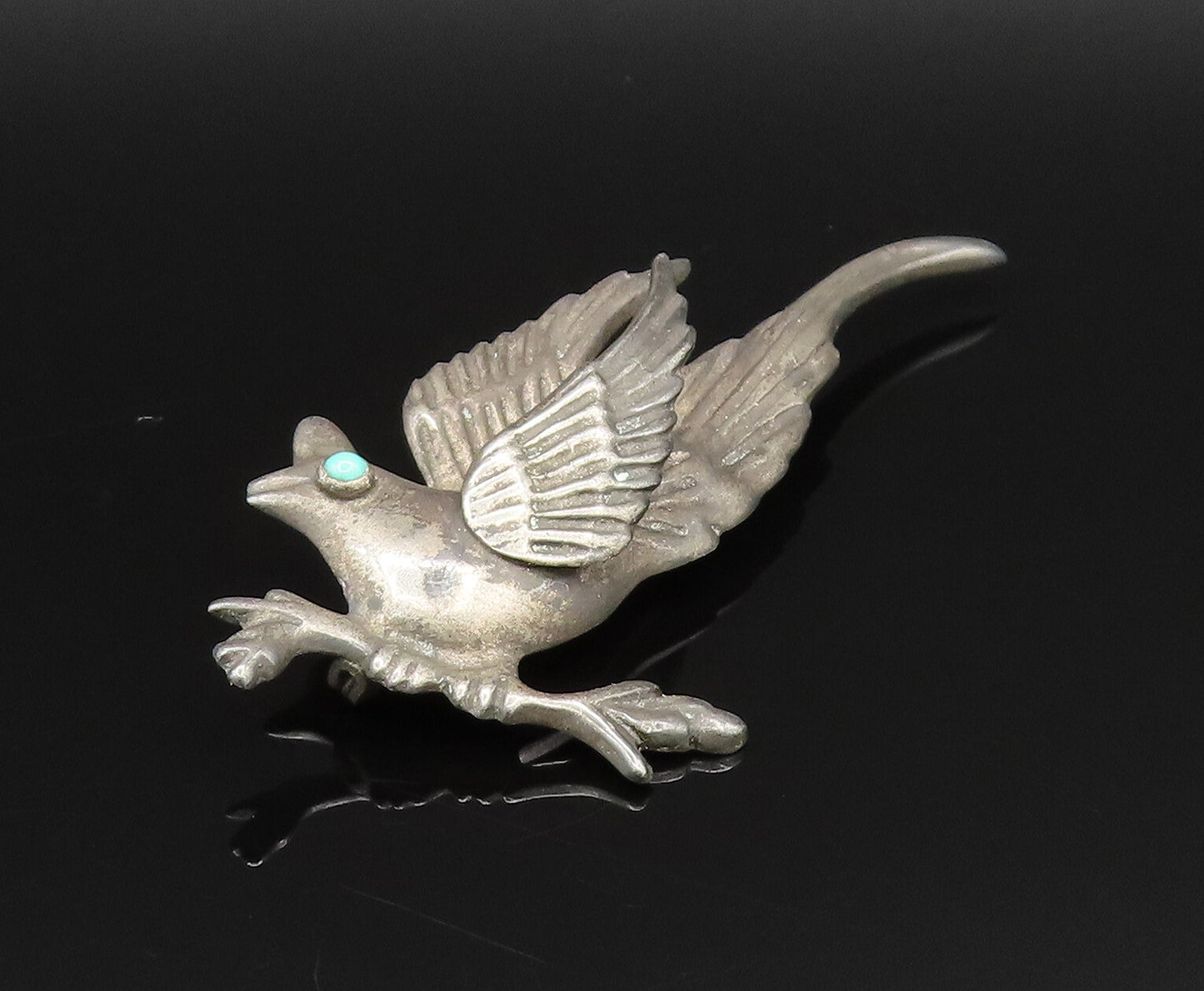 MEXICO 925 Silver  Vintage Antique Bird With Turquoise Eye Brooch Pin  BP9816