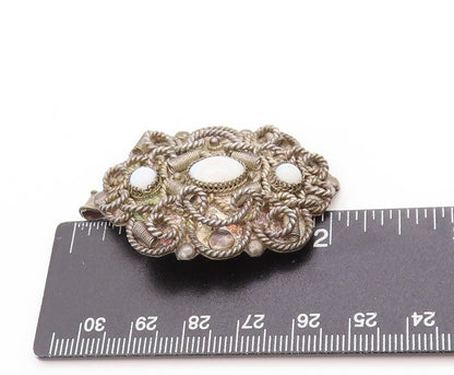 925 Sterling Silver Vintage Brooch ISRAEL Opal Twisted Rope Floral Pin  BP11910