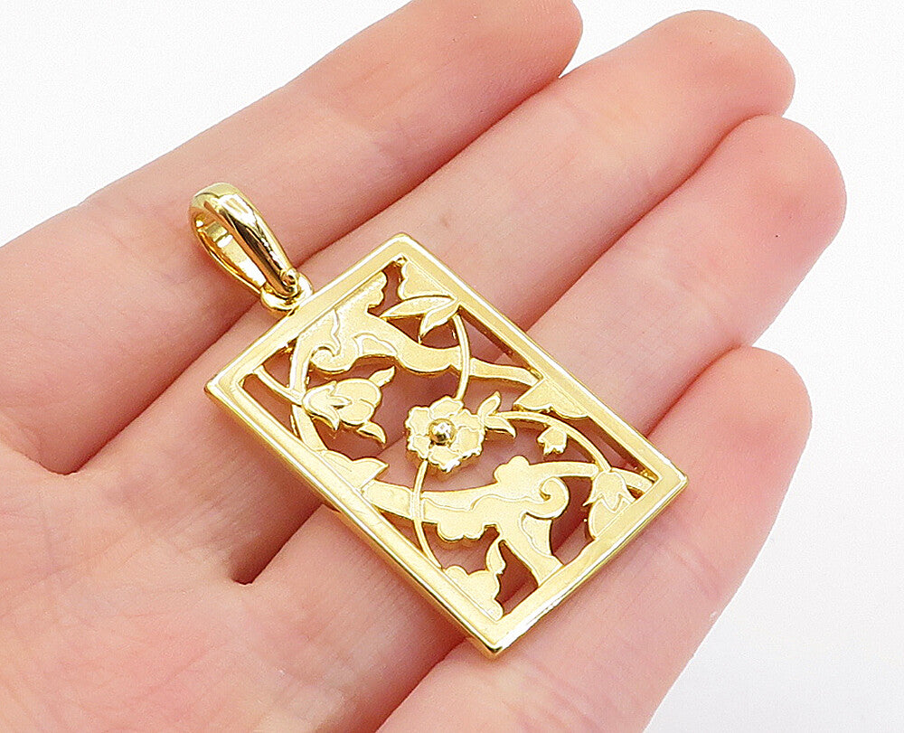 925 Sterling Silver  Shiny Gold Plated Floral Vine Square Drop Pendant  PT3712
