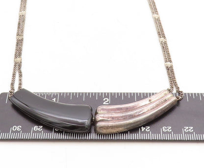 925 Sterling Silver  Vintage Black Onyx Fluted Dark Tone Chain Necklace NE1702