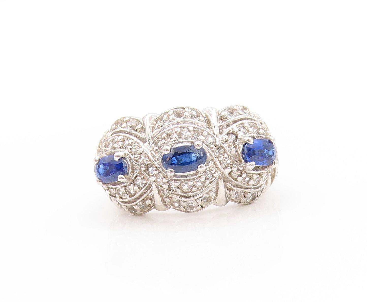 925 Sterling Silver Vintage Ring Oval Sapphire Halo Topaz Bands  Sz 6  RG32902