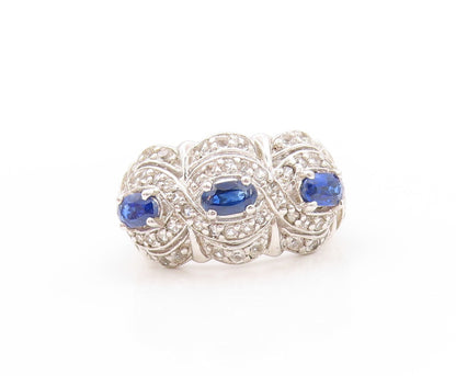 925 Sterling Silver Vintage Ring Oval Sapphire Halo Topaz Bands  Sz 6  RG32902