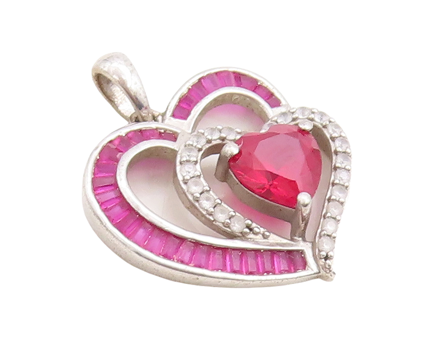 925 Sterling Silver Vintage Pendant Designer Cut Pink & White CZ Hearts  PT23699