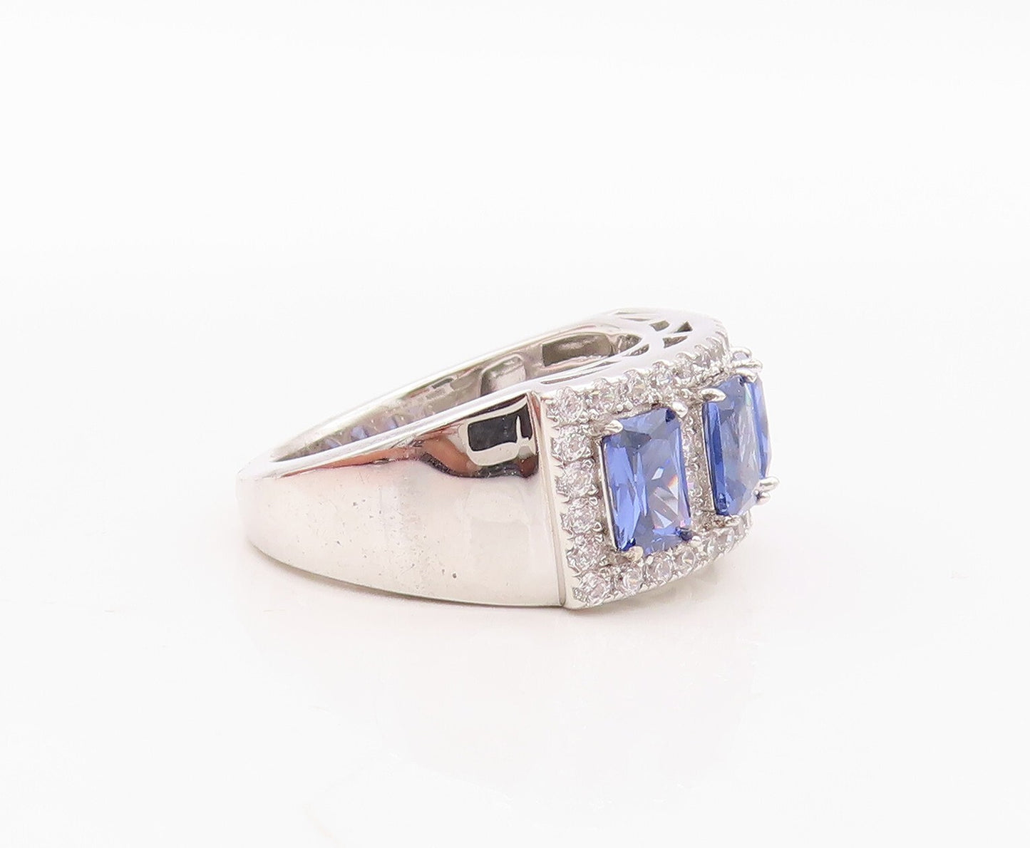 925 Sterling Silver Vintage Ring Rectangle Cut Blue & White CZ Band Sz 7 RG29987