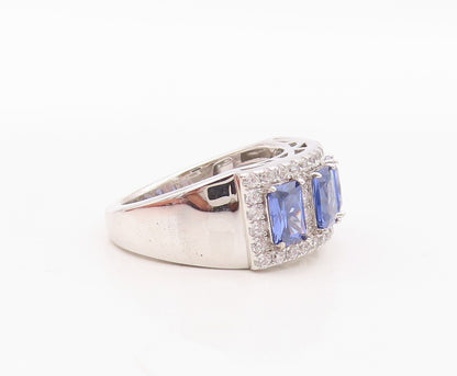 925 Sterling Silver Vintage Ring Rectangle Cut Blue & White CZ Band Sz 7 RG29987
