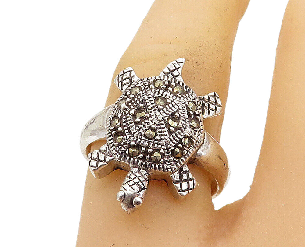 925 Sterling Silver  Marcasite Decorated Turtle Statement Ring Sz 9.5  RG7872