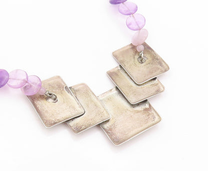 925 Sterling Silver Vintage Necklace Cubed Amethyst Graduated Setting NE4530