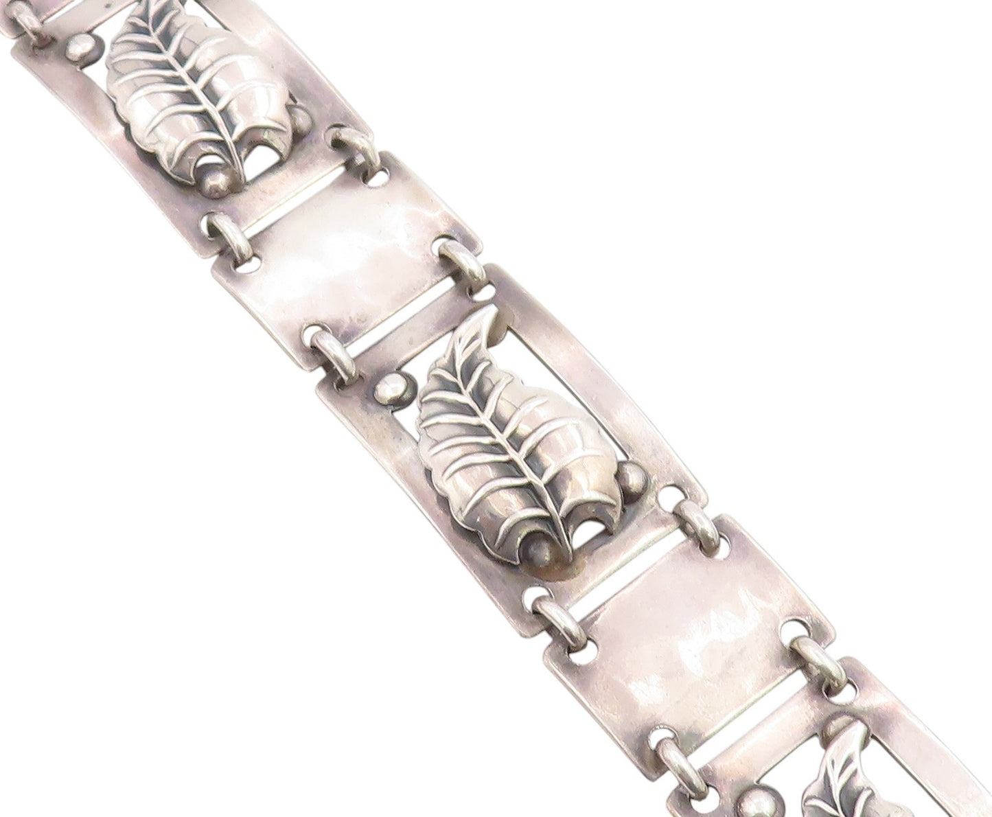925 Sterling Silver Vintage Bracelet Carved Floral Leaf Panel Link Chain BT11479