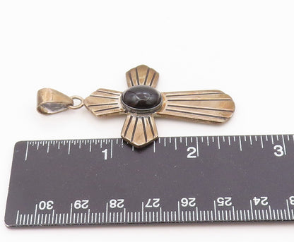 MEXICO 925 Silver  Vintage Cabochon Black Onyx Religious Cross Pendant PT13160