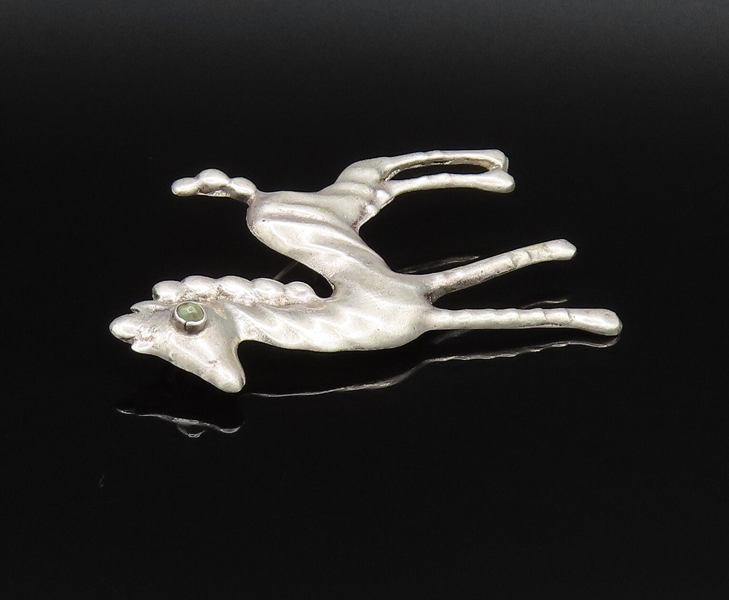 MEXICO 925 Silver  Vintage Antique Green Turquoise Eye Pony Brooch Pin  BP9751