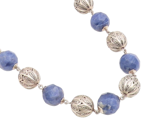 925 Sterling Silver Vintage Necklace Lapis Lazuli Beaded Bohemian Chain  NE4757