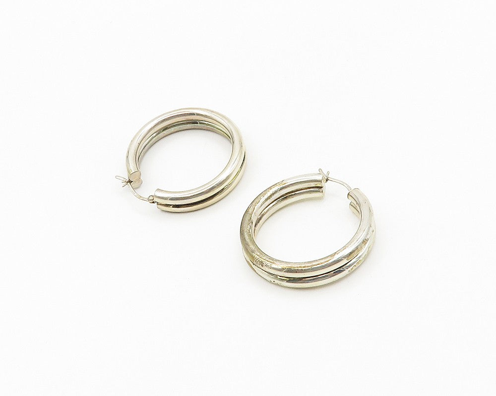 925 Sterling Silver Vintage Shiny Smooth Ribbed Round Hoop Earrings  EG9319