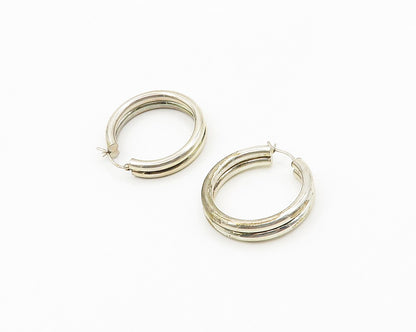 925 Sterling Silver Vintage Shiny Smooth Ribbed Round Hoop Earrings  EG9319