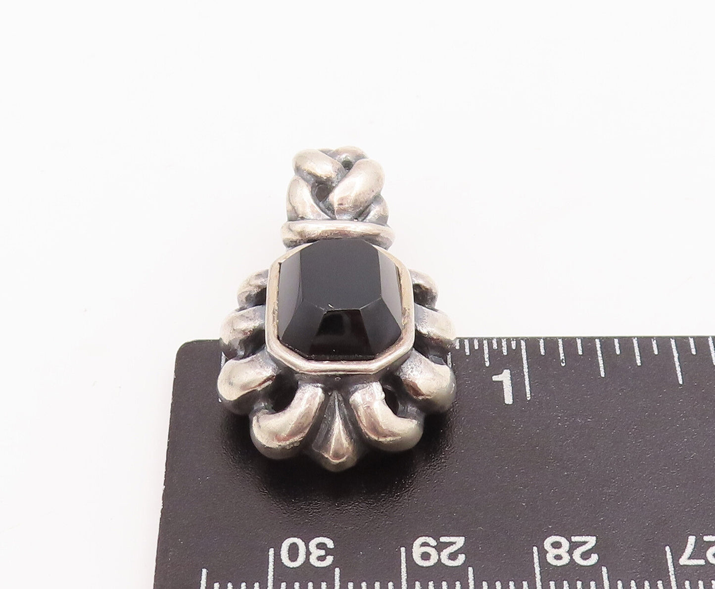 925 Sterling Silver Vintage Pendant Solid Cutout Braided Rectangle Onyx  PT22844