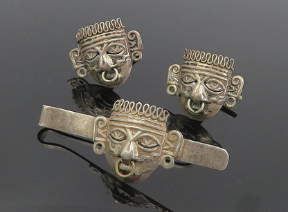 BGM MEXICO 925 Silver  Vintage Face Mask Tie Clip & Cuff Links Set  TR1384