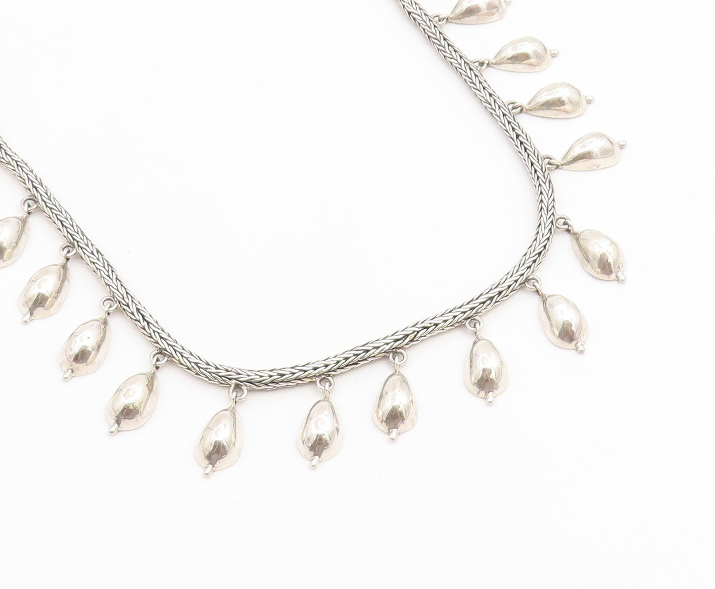925 Sterling Silver Vintage Necklace Classic Foxtail Chain With Droplets  NE4891