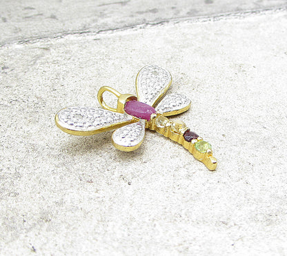 Gold Over 925 Silver  Gemstones & Genuine Diamonds Firefly Pendant  PT1246