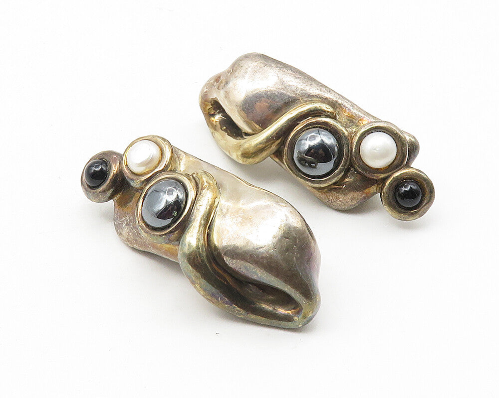 BATAMI ISRAEL 925 Silver  Vintage Pearl Onyx & Hematite Drop Earrings  EG5659