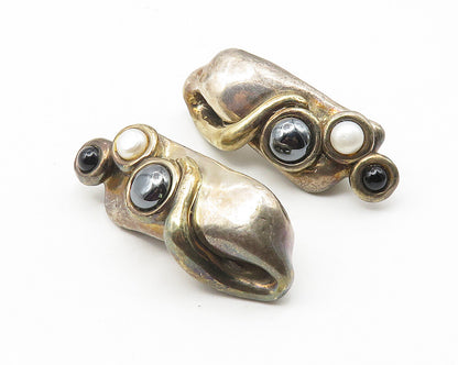 BATAMI ISRAEL 925 Silver  Vintage Pearl Onyx & Hematite Drop Earrings  EG5659