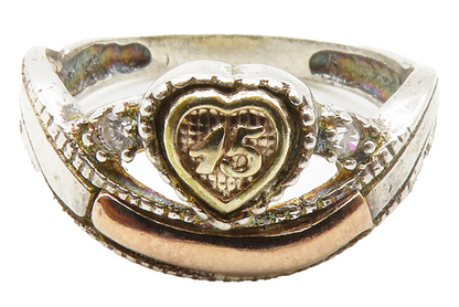 925 Silver & 14K Gold   Vintage Topaz Love Heart Band Ring Sz 7.5  RG13740
