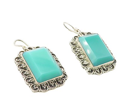 925 Sterling Silver Vintage Faceted Chalcedony Floral Dangle Earrings EG3888
