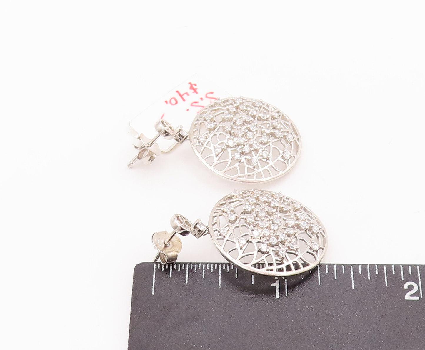 925 Sterling Silver Vintage Earrings Cutout Round Star Cluster Beaded CZ EG12962