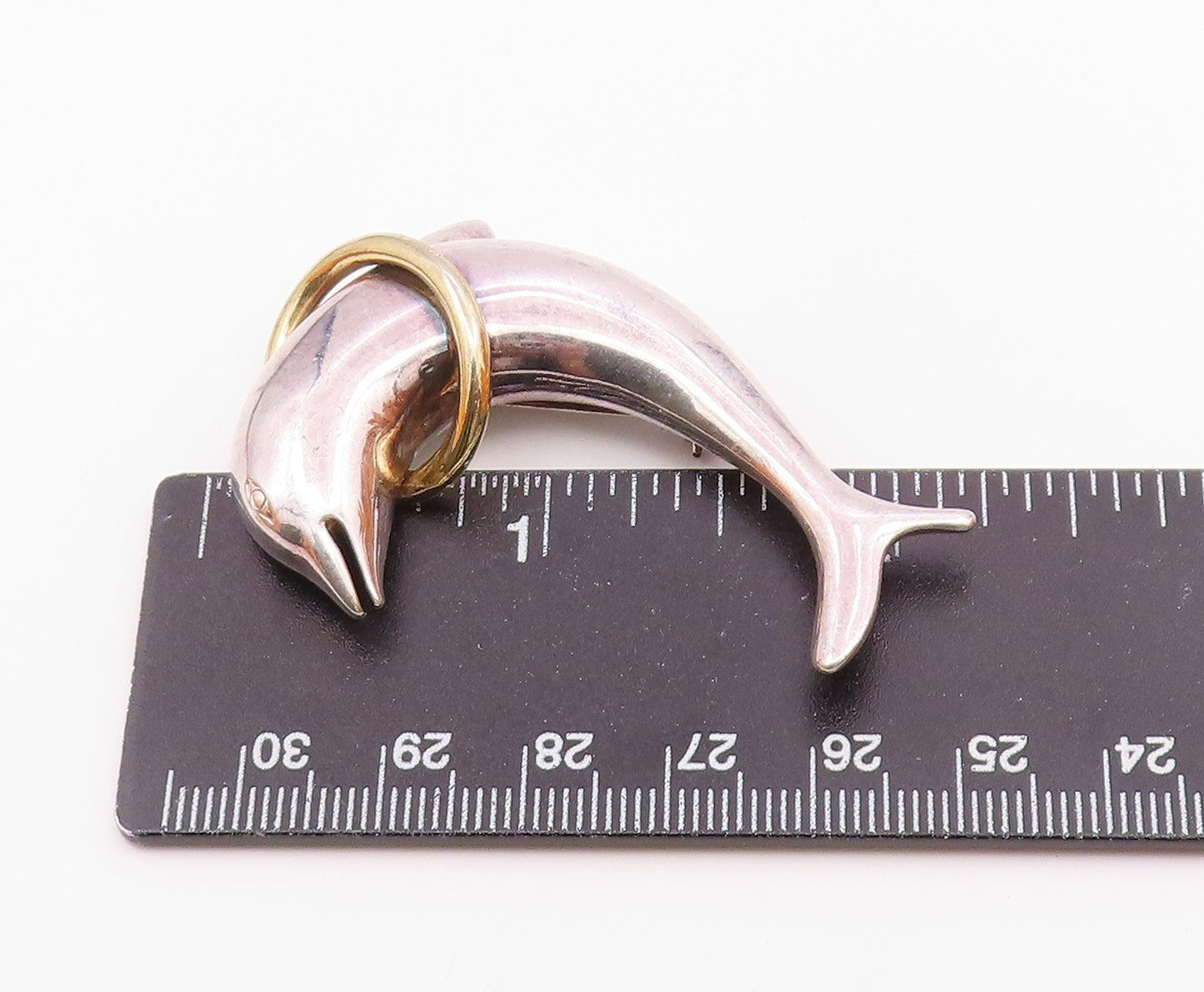 925 Sterling Silver  Vintage Shiny Two Tone Leaping Dolphin Brooch Pin  BP8784