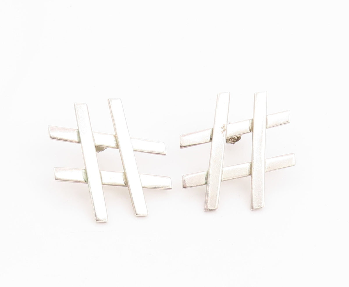 925 Sterling Silver Vintage Earrings MEXICO Tic Tac Toe Hashtag Stud  EG14257