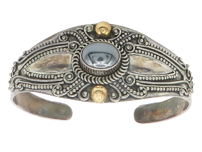 925 Sterling Silver & 18K GOLD  Vintage Hematite 2 Tone Cuff Bracelet  BT5651