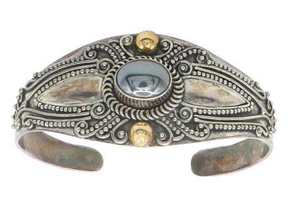 925 Sterling Silver & 18K GOLD  Vintage Hematite 2 Tone Cuff Bracelet  BT5651