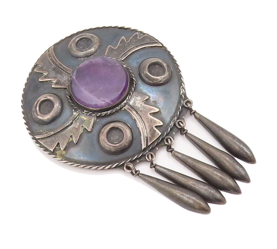 925 Sterling Silver Vintage Brooch Pin DAMASO GALLEGOS Amethyst Carved  BP10852
