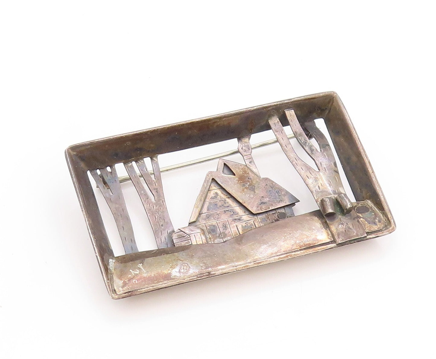925 Sterling Silver Vintage Brooch Dark Tone House In Woods Cutout  BP11524