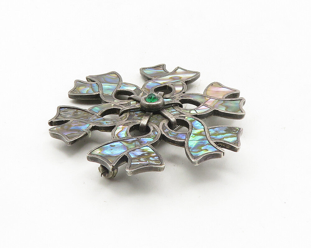 MEXICO 925 Silver  Vintage Abalone Shell Ribbons Flower Brooch Pin  BP3846