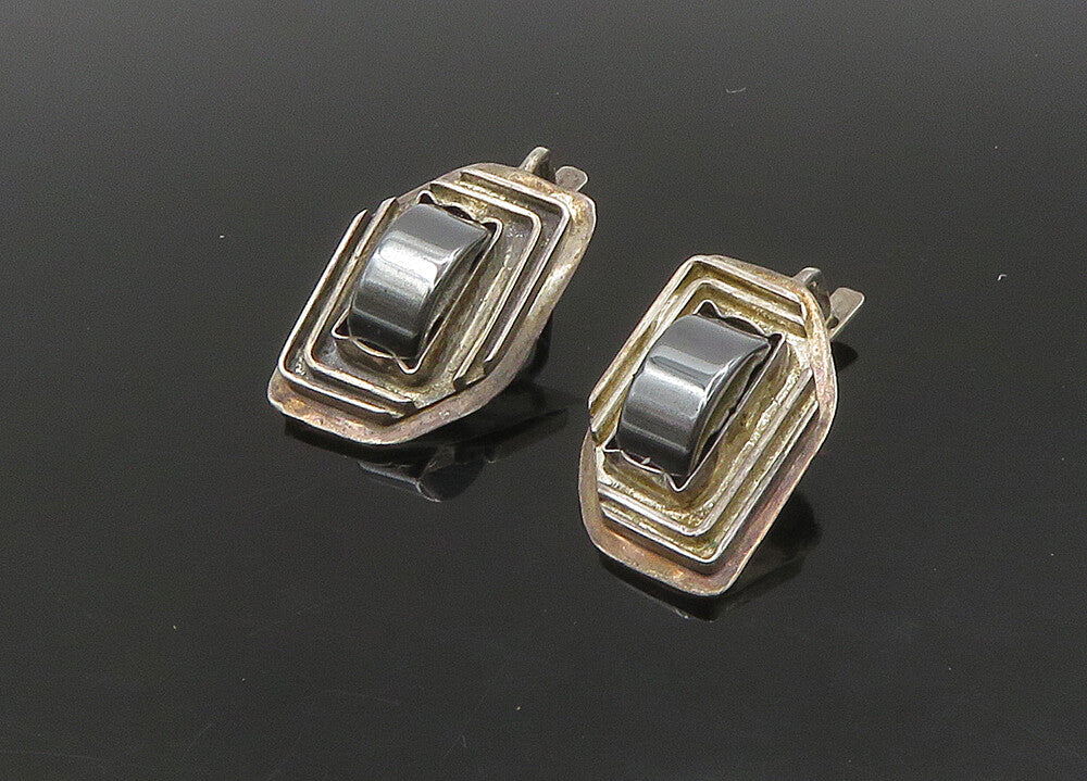 925 Sterling Silver  Vintage Hematite Modernist Drop Earrings  EG11197