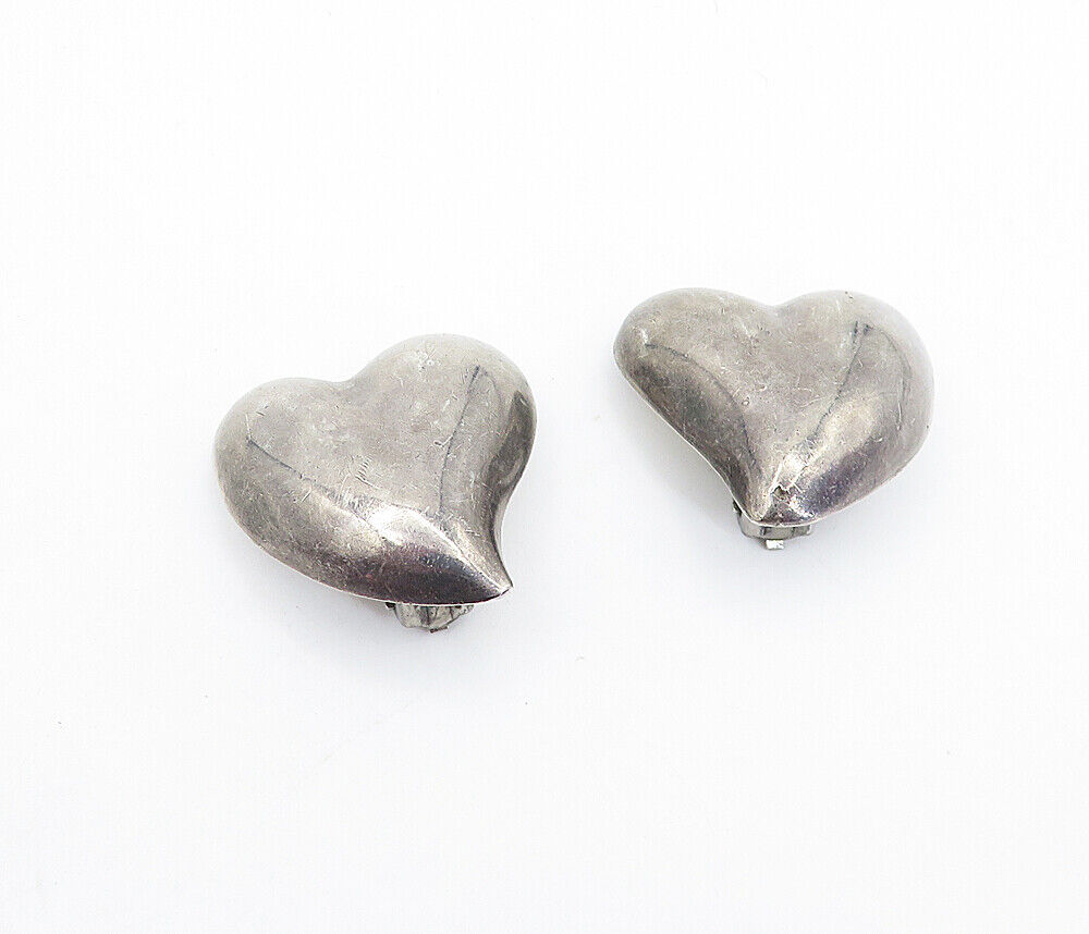 MEXICO 925 Silver - Vintage Dark Tone Love Heart Non Pierce Earrings - EG2866