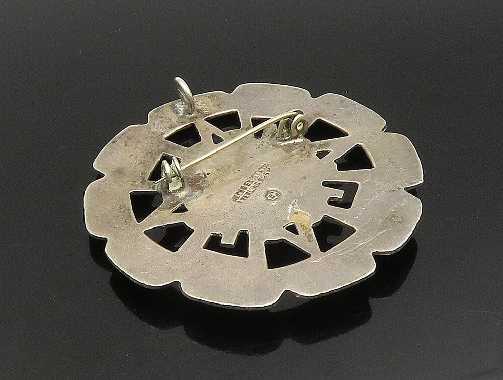 MEXICO 925 Sterling Silver  Vintage Round Aztec Tribal Brooch Pin  BP9461