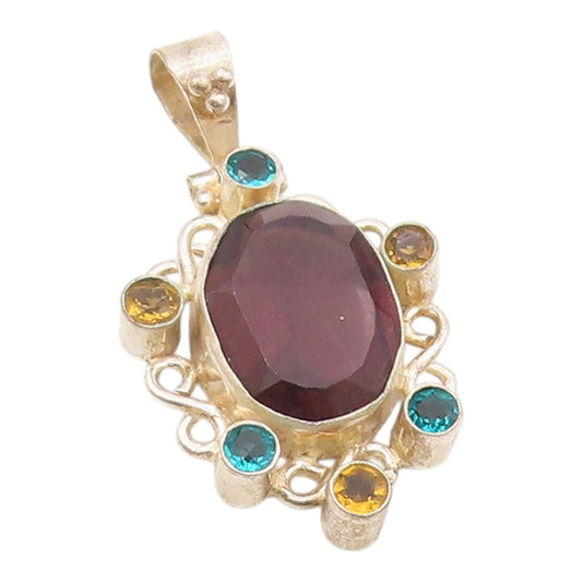 925 Silver  Vintage Open Swirl Wine Spinel & Multi Stone Pendant  PT21176