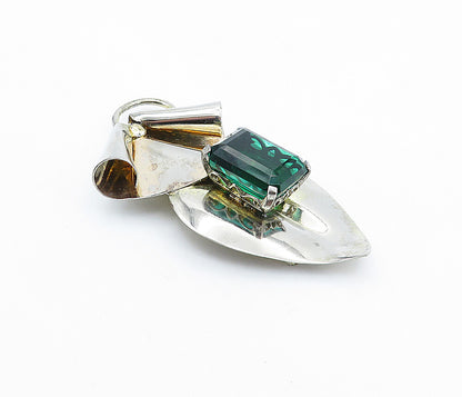 925 Sterling Silver  Vintage Green Topaz Shiny Modernist Brooch Pin  BP2444