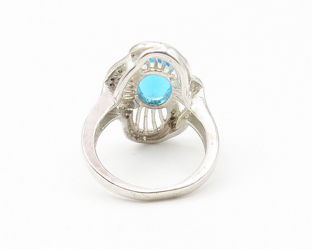 925 Sterling Silver  Blue Topaz Floral Filigree Cocktail Ring Sz 6.5  RG10858