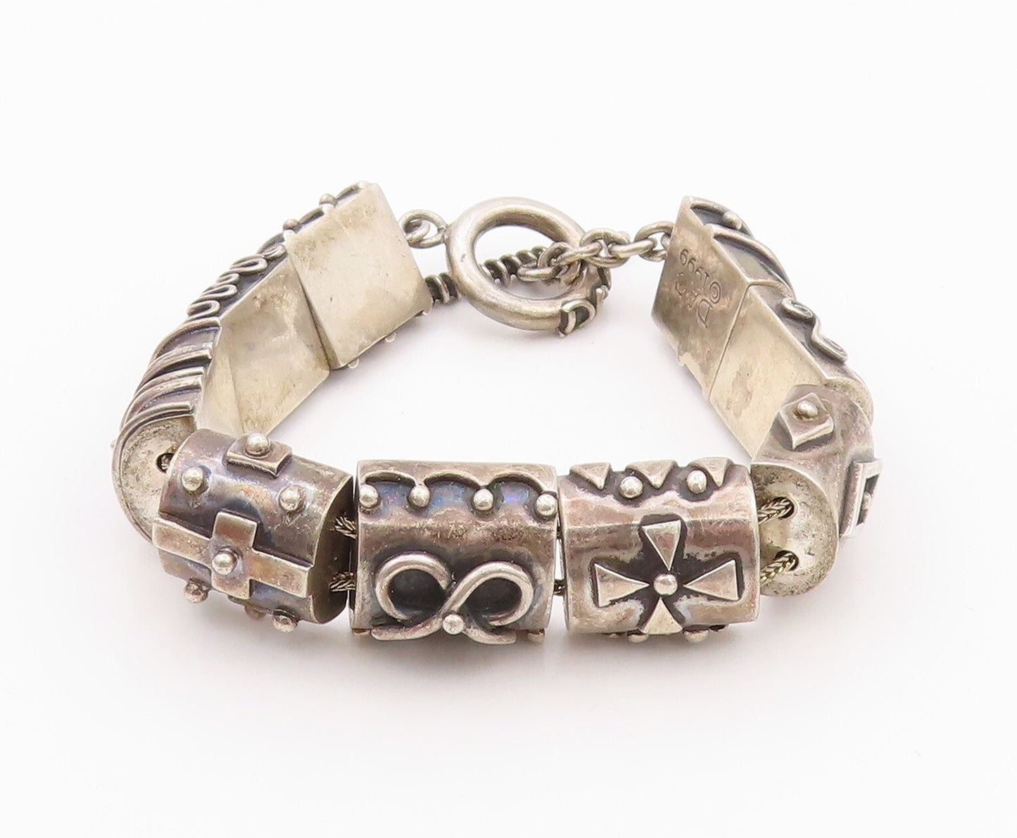 925 Sterling Silver Vintage Bracelet DEBORAH ARMSTRONG Dark Tone Carved  BT11100