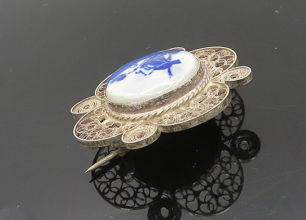 HOLLAND 925 Sterling Silver  Vintage Enamel Windmill Scene Brooch Pin  BP8013