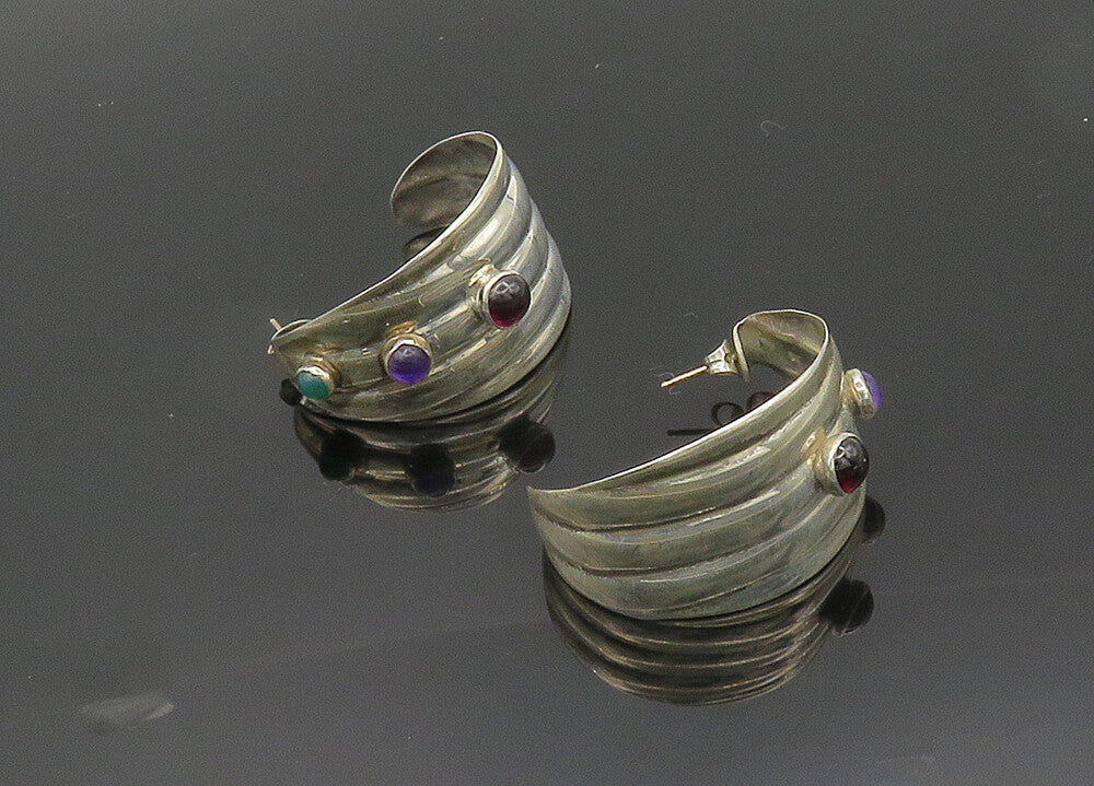 MEXICO 925 Silver  Vintage Garnet Amethyst & Carnelian Hoop Earrings  EG10020
