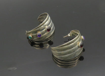 MEXICO 925 Silver  Vintage Garnet Amethyst & Carnelian Hoop Earrings  EG10020