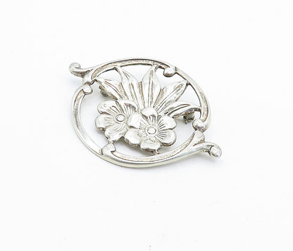 925 Sterling Silver  Vintage Shiny Double Flower Round Brooch Pin  BP2679