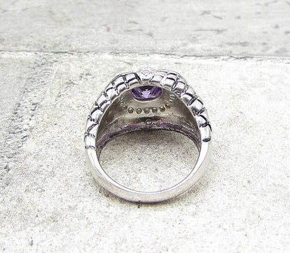 925 Sterling Silver Amethyst & White Cubic Zirconia Cocktail Ring Sz 6 RG1583