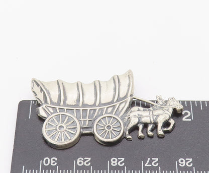 925 Sterling Silver Vintage Brooch Pin Carved Royal War Horse Drawn Cart BP10657