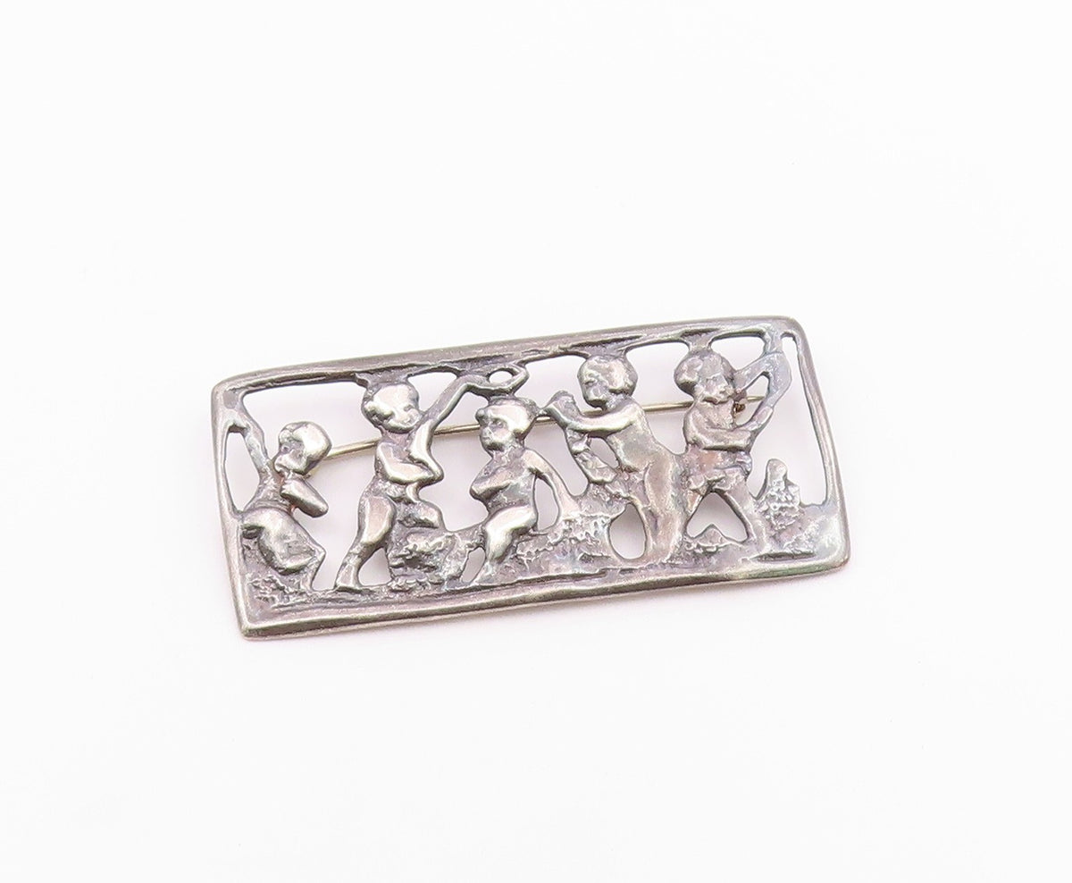 925 Sterling Silver  Vintage Oxidized Children Scene Square Brooch Pin  BP4649